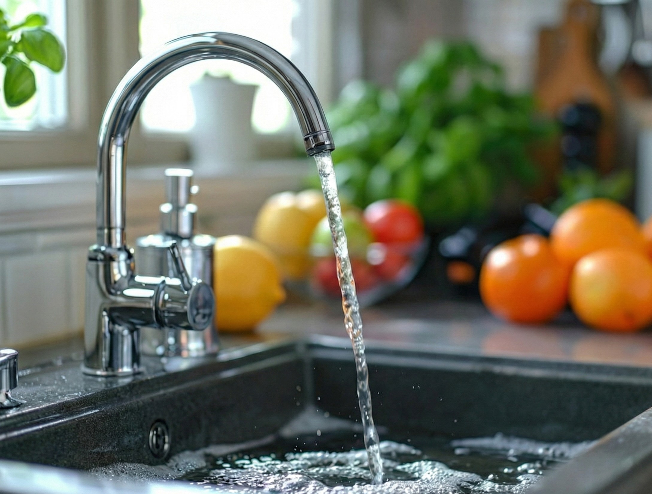 Modern kitchen tap with running water